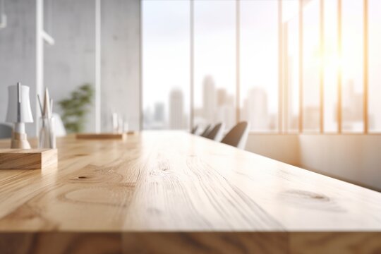 Empty Wooden Table with Blurred Interior Background Created with Generative AI