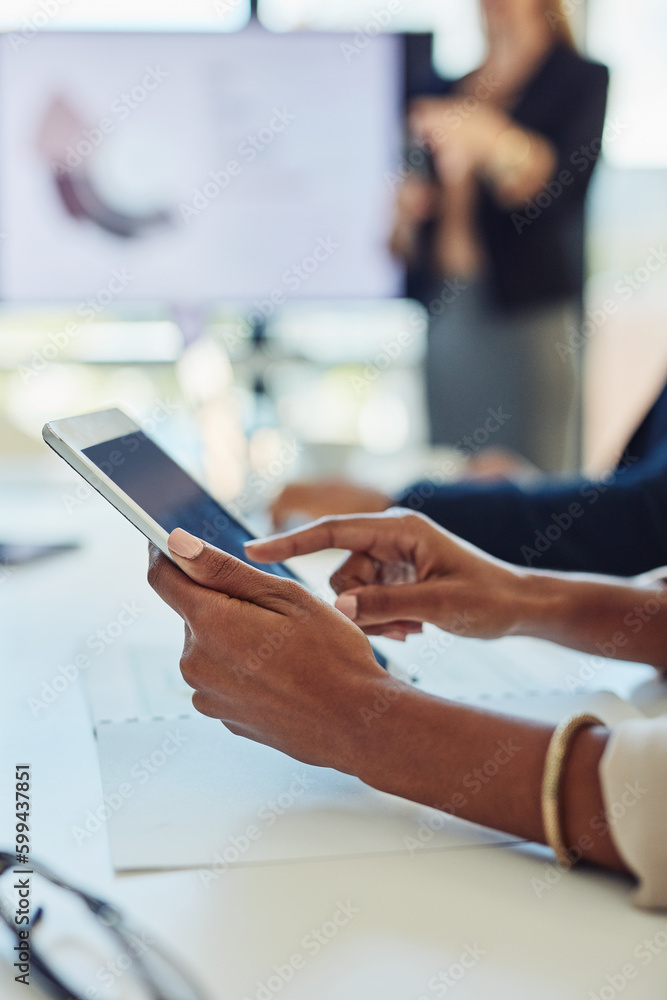 Poster modern minute taking in the age of the app. a businesswoman using a digital tablet during a meeting 