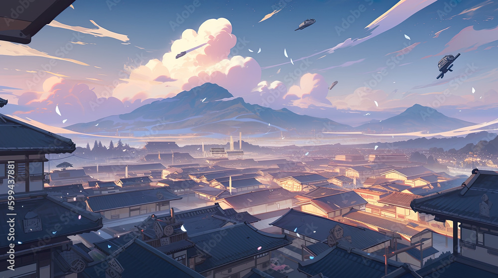 Poster a view of a town with a mountain in the background. ai generative. generative ai