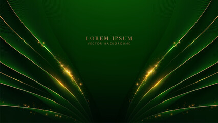 Green luxury background with golden lines curve and sparkle glowing effect elements. Elegant style vector design