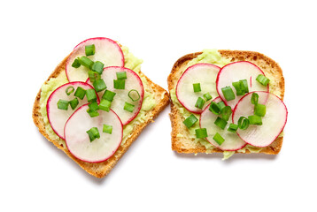 Delicious bruschettas with radish and green onion isolated on white background