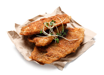 Tasty fried codfish on white background