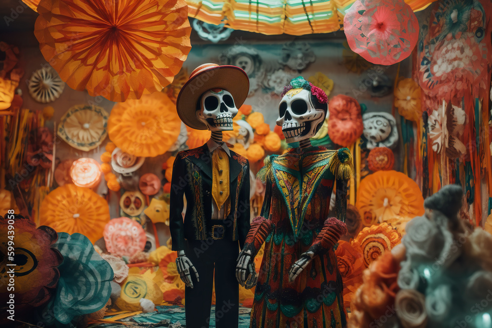 Poster a couple of skeletons standing next to each other. ai generative. generative ai
