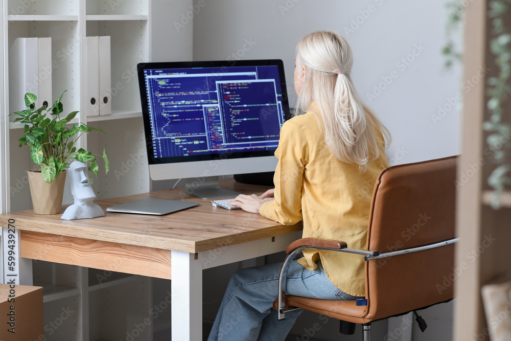 Poster mature female programmer working with computer at table in office