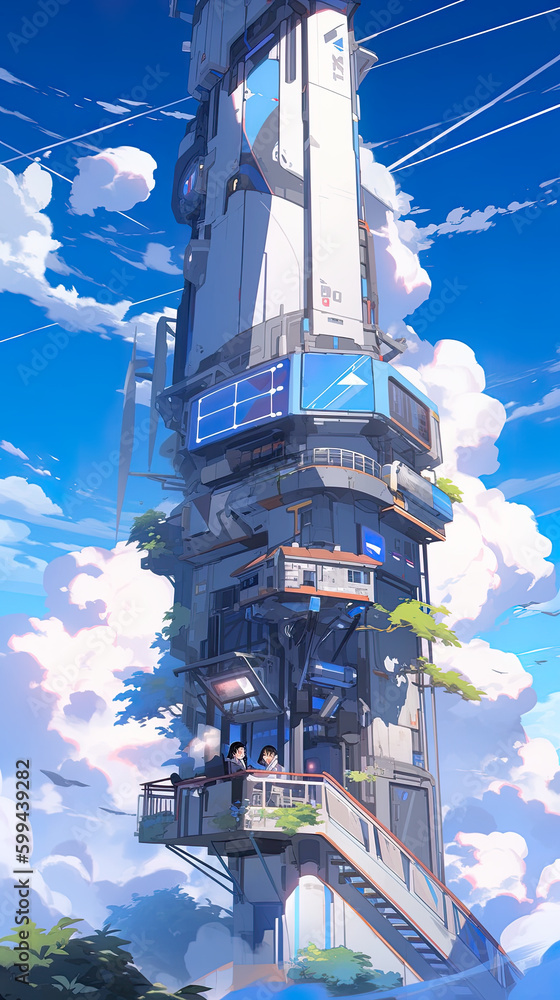 Poster a tall tower with a staircase going up to it. ai generative. generative ai