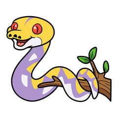 Cute lavender reticulated python cartoon on tree branch