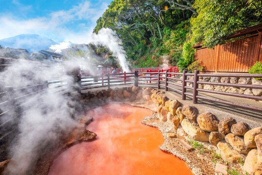 Beppu, Japan - Nov 25 2022: Kamado Jigoku hot spring in Beppu, Oita. The town is famous for its onsen (hot springs). It has 8 major geothermal hot spots, referred to as the "eight hells of Beppu"