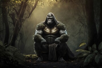 Fototapeta na wymiar pensive muscular gorilla in a forest, generative ai
