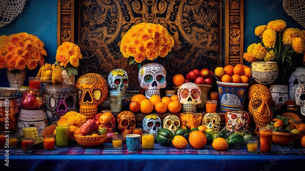 Poster a table topped with lots of different types of food. ai generative. day of the dead picturesque disp