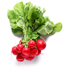 Fresh radishes with leaves on white background