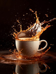 Cup of coffee with splashes on a dark background, close up