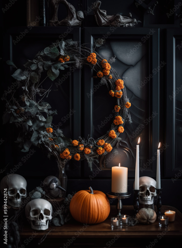 Poster a table with a wreath, candles and skulls. ai generative. generative ai