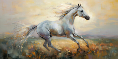 Obraz na płótnie Canvas Illustration of a wild white horse running in full gallop, AI generative Generative AI