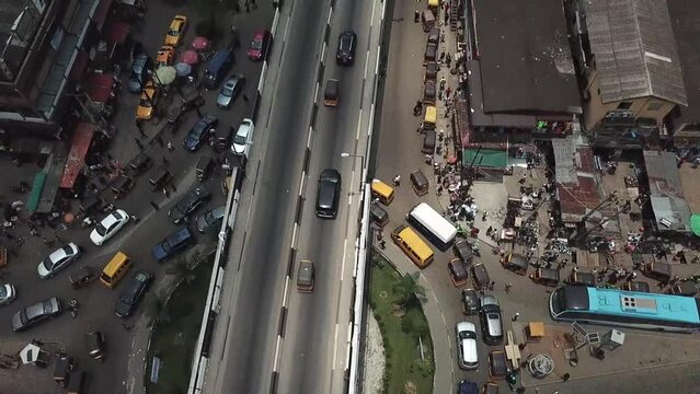 Drone view of a road and a big rotary in Lagos Nigeria