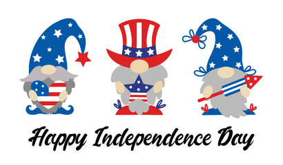 Cute patriotic gnomes by July 4th. American Independence Day. Elves with beards hold a heart, a star, a petard in the colors of the USA flag. A set of dwarves in national hats. Cartoon vector clipart - obrazy, fototapety, plakaty