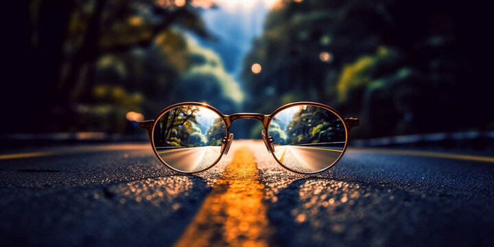 Brille Sehhilfe f&uuml;r scharfes sehen, Stra&szlig;e Fahrbahn scharf und unscharf Sicht, ai generativ