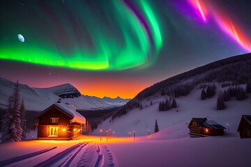 house in the mountains n the aurora borealis