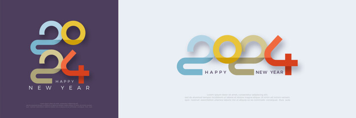 Unique design happy new year 2024 with new numbers. Dark orange and blue in color. Premium vector design for greetings and celebration of Happy New Year 2024.