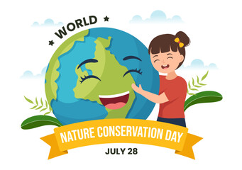 World Nature Conservation Day Vector Illustration with Kids, World Map, Tree and Eco Friendly Ecology in Cartoon Hand Drawn Landing Page Templates