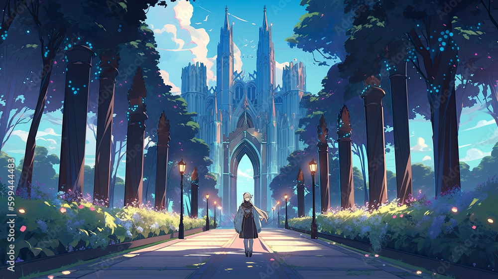 Poster a woman walking down a path in front of a castle. ai generative. generative ai
