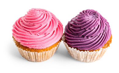 Tasty colorful cupcakes on white background