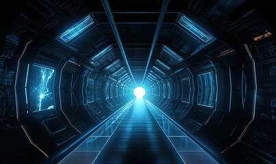 Futuristic tunnel corridor with glowing light in the dark 3D rendering