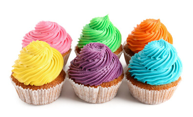 Tasty colorful cupcakes on white background