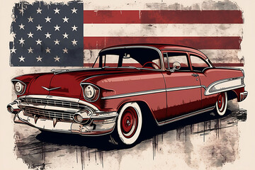 US Flagge mit Oldtimer / Patriotische US Auto Illustration / ai-generiert