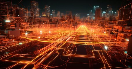 3D rendering of futuristic city at night with glowing lights, digital illustration