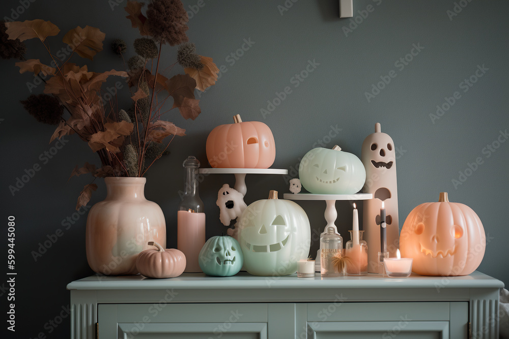 Poster a table topped with lots of different types of pumpkins. ai generative. generative ai