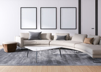 Mockup frame in living room interior with sofa, 3d render, mockup wall