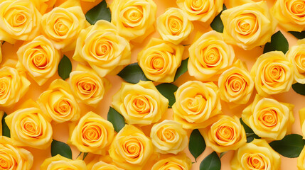 Bright Yellow Roses and Green Leaves on Yellow Flay Lay - Overhead Angle - Generative AI