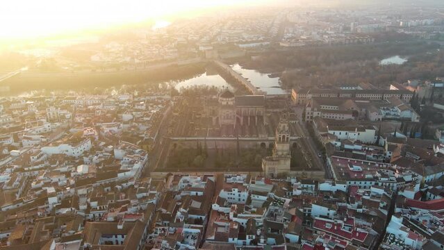 Aerial Drone Footage of the Historic Mosque Cathedral of Cordoba, Andalusia, Spain, a Unesco World Heritage Site