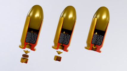 3d rendering of Cross-section of gun pistol bullet ammunition on white background - obrazy, fototapety, plakaty