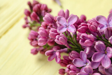 Obraz premium Blooming lilac flowers on beige wooden background