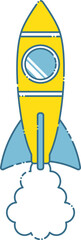 青と黄色のかわいいロケット、ミサイルのイラストと噴射フレーム