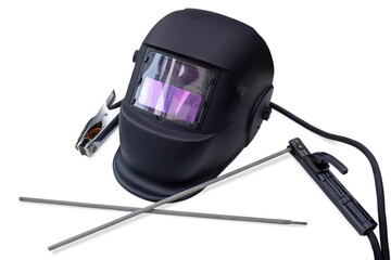 Welding accessories, welding mask, electrodes. Isolated on transparent background.
