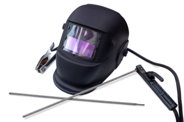 Welding accessories, welding mask, electrodes. Isolated on transparent background.