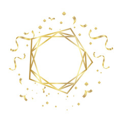 Gold Frame geometrical polyhedron with ribbons ornament, art deco style for wedding invitation, luxury templates, decorative patterns, Modern abstract elements, isolated on backgrounds.