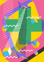 Simple background with random geometric shapes. Abstract flat template for poster, book cover, Newsletter, Social Media backdrop with vibrant colors. Vintage busy geometrical graphic art pattern.