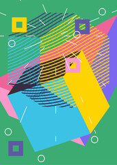 Simple background with random geometric shapes. Abstract flat template for poster, book cover, Newsletter, Social Media backdrop with vibrant colors. Vintage busy geometrical graphic art pattern.