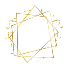 Gold Frame geometrical polyhedron with ribbons ornament, art deco style for wedding invitation, luxury templates, decorative patterns, Modern abstract elements, isolated on backgrounds.