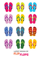 Multi-colored latest designs of flip-flops, Indian Chappal, Chapal, Sandle, Footwears for Beach, Summer Footwear, colorful Slippers, friends or family holiday - isolated vector illustration on white. 