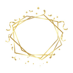 Gold Frame geometrical polyhedron with ribbons ornament, art deco style for wedding invitation, luxury templates, decorative patterns, Modern abstract elements, isolated on backgrounds.