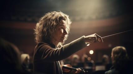 Fototapeta Orchestra Conductor Female Caucasian Mature Leading an orchestra in a rehearsal or performance in Concert hall. Generative AI AIG22. obraz