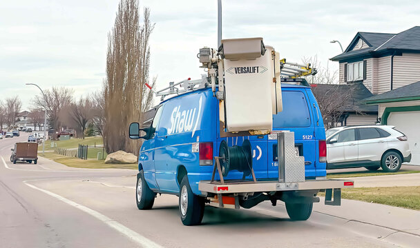 Calgary, Alberta. Canada. May 3, 2023. A Shaw communications service truck. A Canadian telecommunications company which provided telephone, Internet, television, and mobile.
