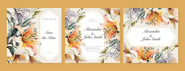 Orange hibiscus floral flower beautiful hand drawn wedding invitation card watercolor