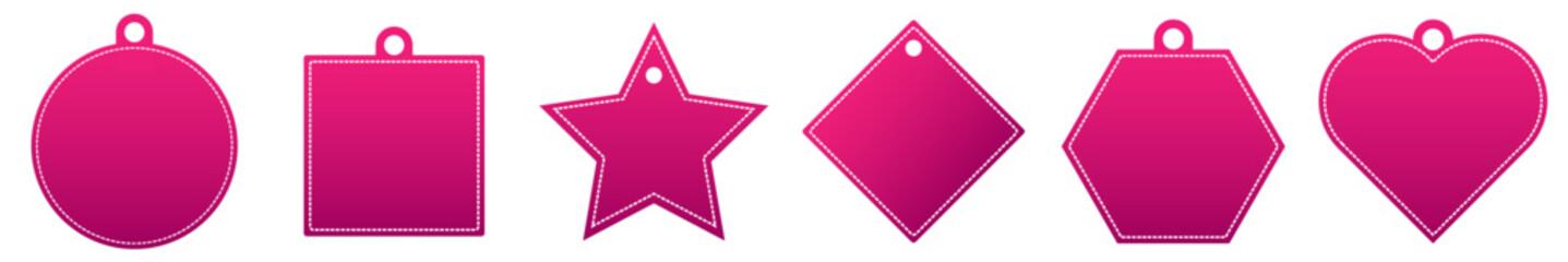 Set of dark pink price tag in circle, square, star, pentagon and heart shape as vector on white background.