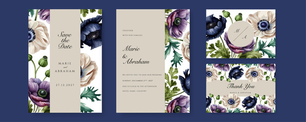 Pink blue poppy floral flower vector elegant hand drawing wedding invitation floral design watercolor