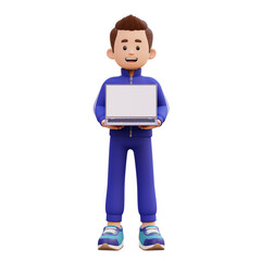 3d male character holding and presenting a laptop with empty screen